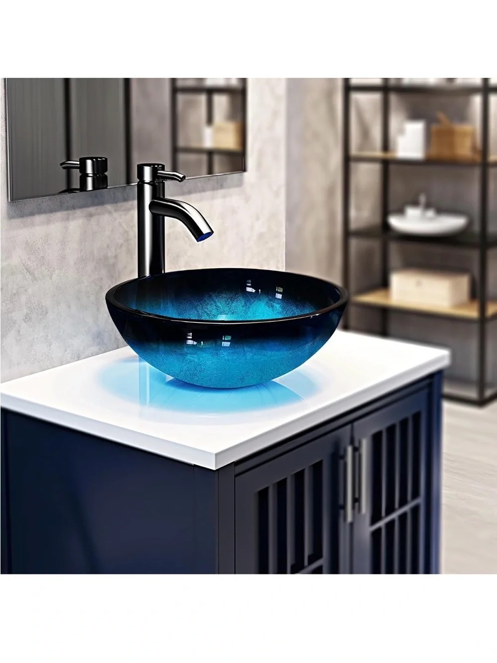 Glass Vessel Sink in Deep Blue with Faucet, Contemporary Bowl - New in Box